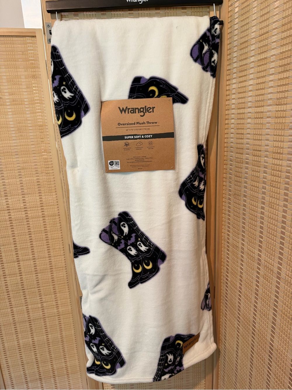 Wrangler Halloween Cream Plush Throw with Black and Purple Spooky Cowboy Boots